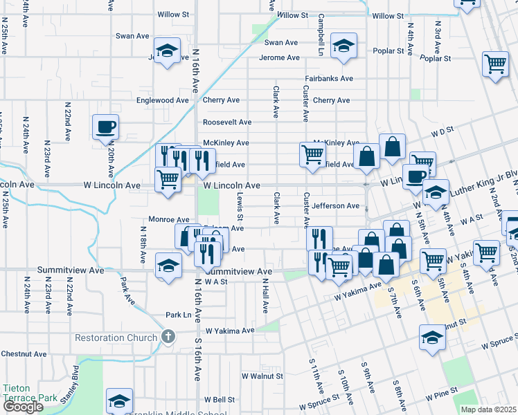 map of restaurants, bars, coffee shops, grocery stores, and more near 1409 Folsom Avenue in Yakima