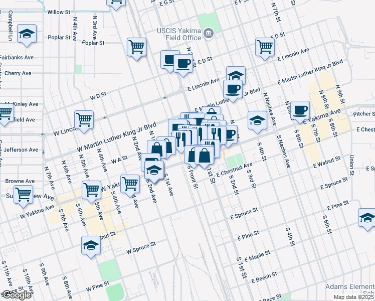 map of restaurants, bars, coffee shops, grocery stores, and more near 6 West Yakima Avenue in Yakima