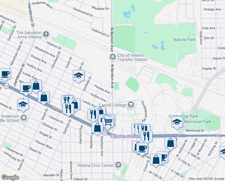 map of restaurants, bars, coffee shops, grocery stores, and more near 1800 North Benton Avenue in Helena