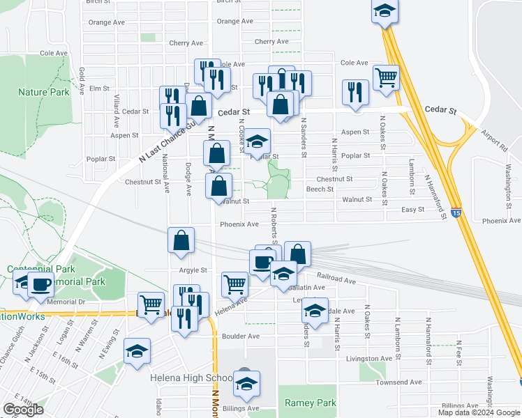 map of restaurants, bars, coffee shops, grocery stores, and more near 1319 Walnut Street in Helena