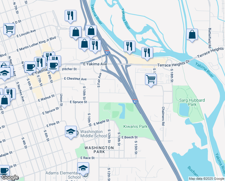 map of restaurants, bars, coffee shops, grocery stores, and more near 1205 East Spruce Street in Yakima