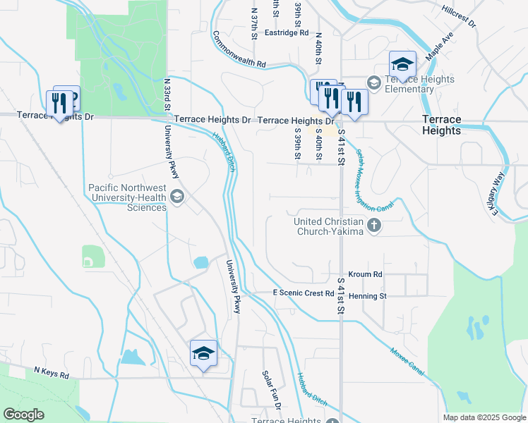 map of restaurants, bars, coffee shops, grocery stores, and more near 313 Seasons Parkway in Yakima