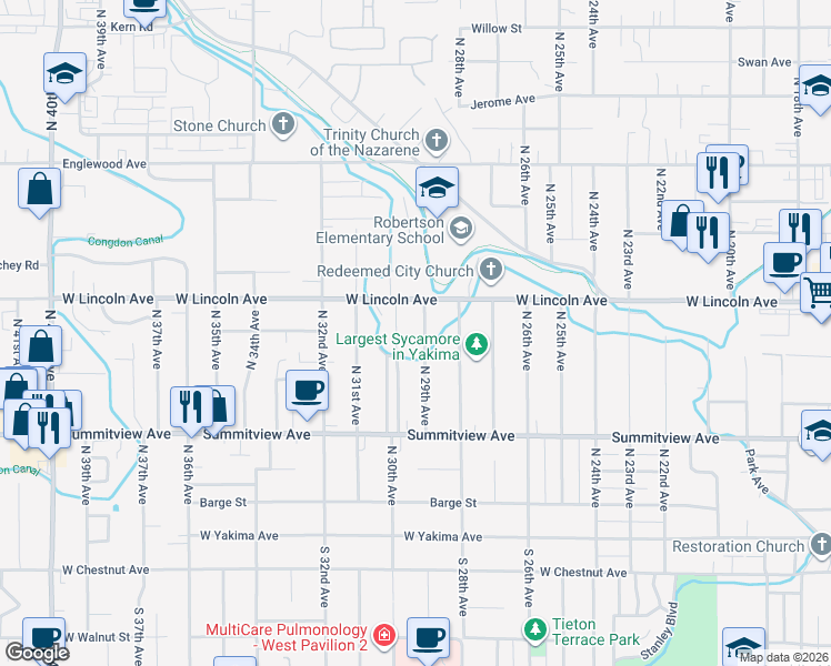 map of restaurants, bars, coffee shops, grocery stores, and more near 303 North 29th Avenue in Yakima