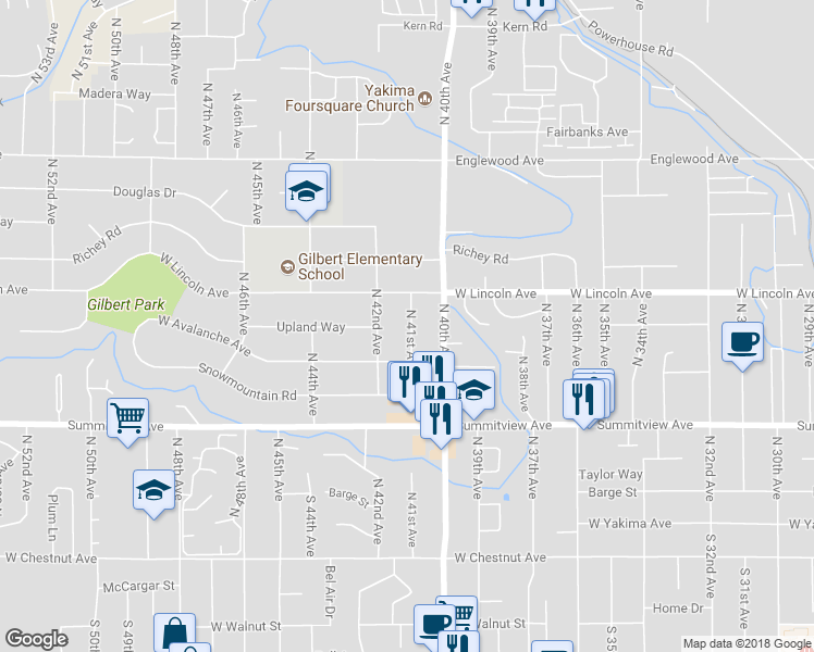map of restaurants, bars, coffee shops, grocery stores, and more near 314 North 41st Avenue in Yakima