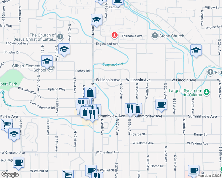 map of restaurants, bars, coffee shops, grocery stores, and more near 237 North 38th Avenue in Yakima