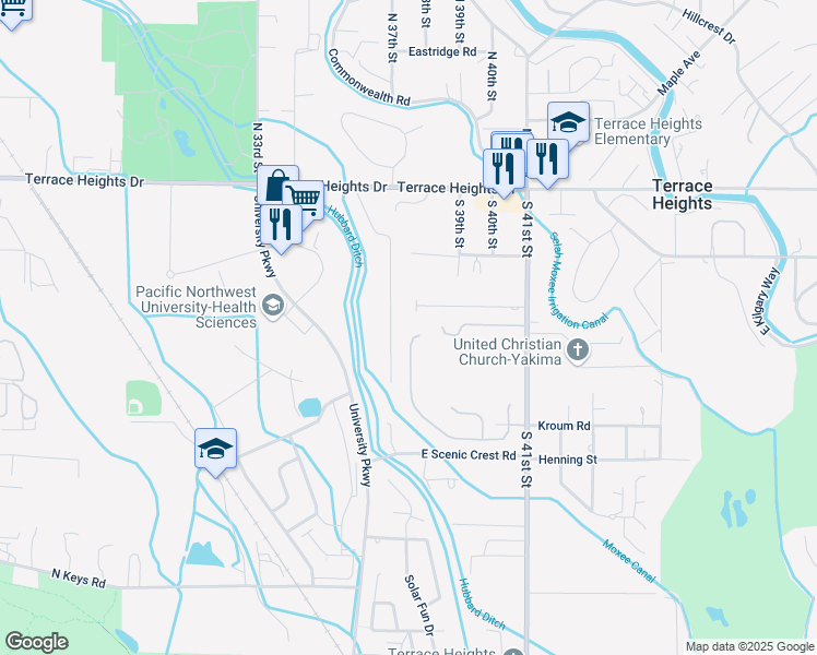 map of restaurants, bars, coffee shops, grocery stores, and more near 313 Seasons Parkway in Yakima