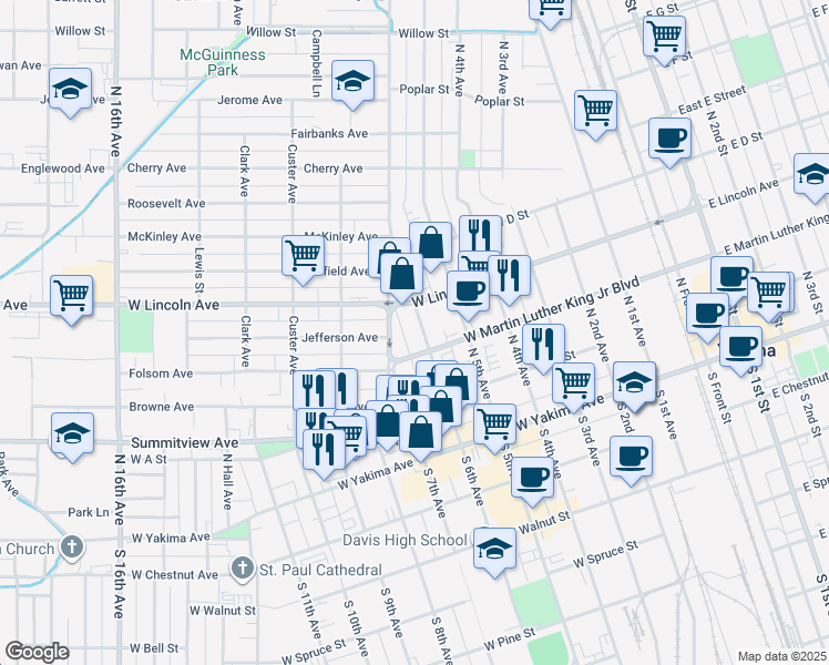 map of restaurants, bars, coffee shops, grocery stores, and more near 208 North 6th Avenue in Yakima