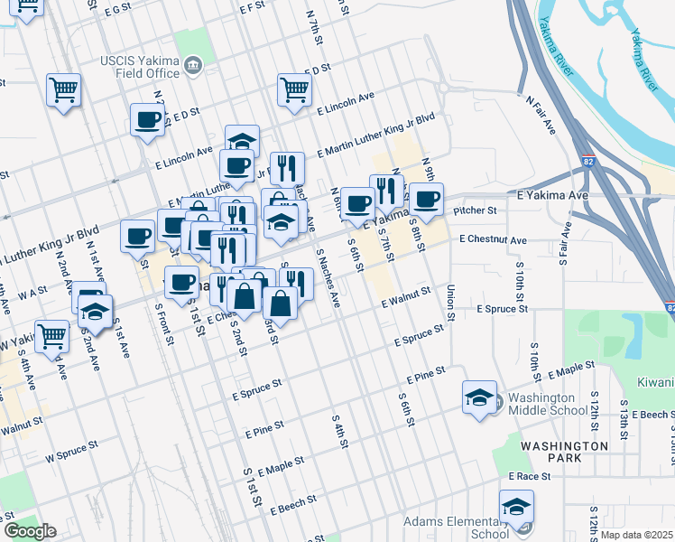 map of restaurants, bars, coffee shops, grocery stores, and more near 102 South Naches Avenue in Yakima