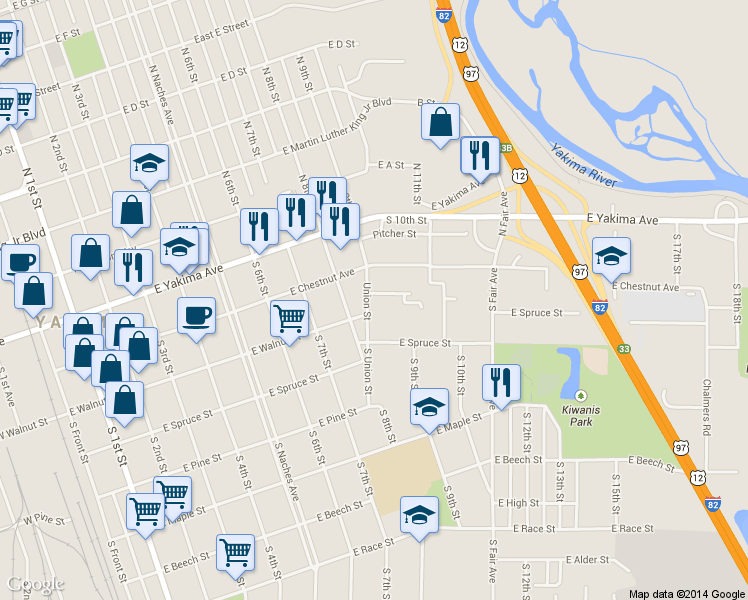 map of restaurants, bars, coffee shops, grocery stores, and more near 111 S 9th St in Yakima