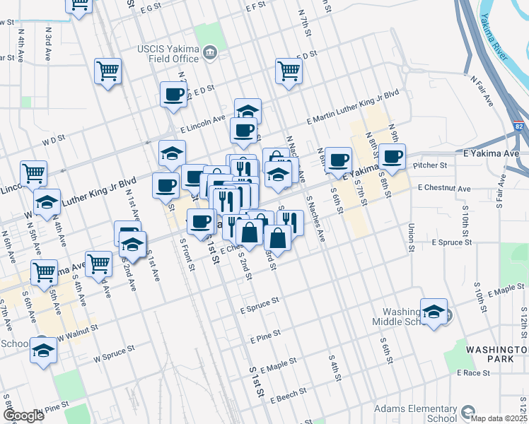 map of restaurants, bars, coffee shops, grocery stores, and more near 310 East Yakima Avenue in Yakima