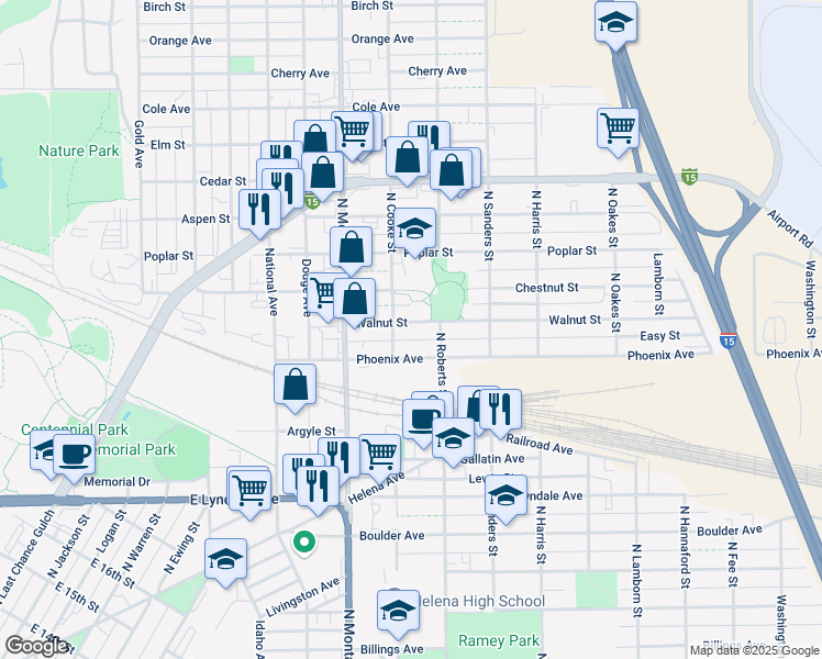 map of restaurants, bars, coffee shops, grocery stores, and more near 1311 Walnut Street in Helena