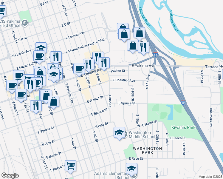 map of restaurants, bars, coffee shops, grocery stores, and more near 101-159 S Union St in Yakima