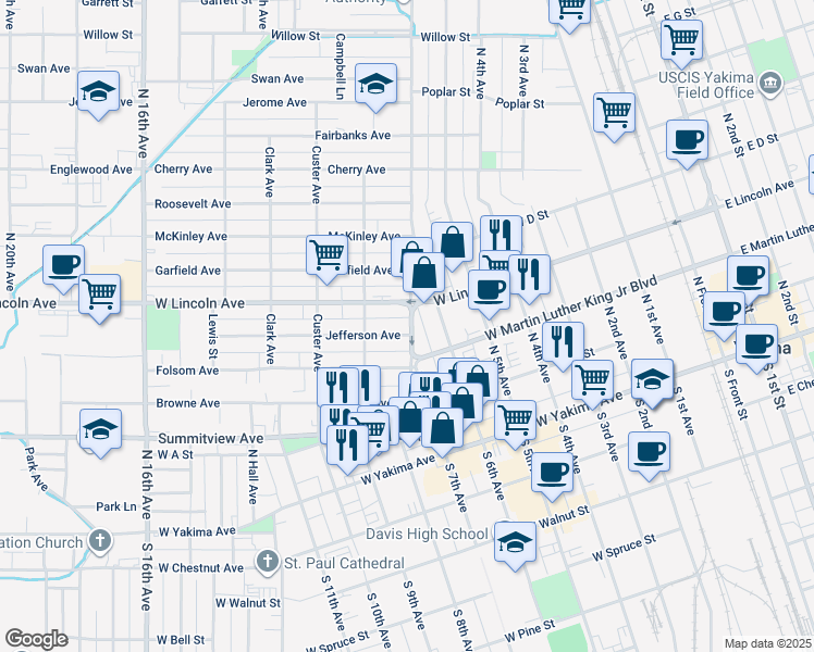 map of restaurants, bars, coffee shops, grocery stores, and more near 1105 W Lincoln Ave in Yakima