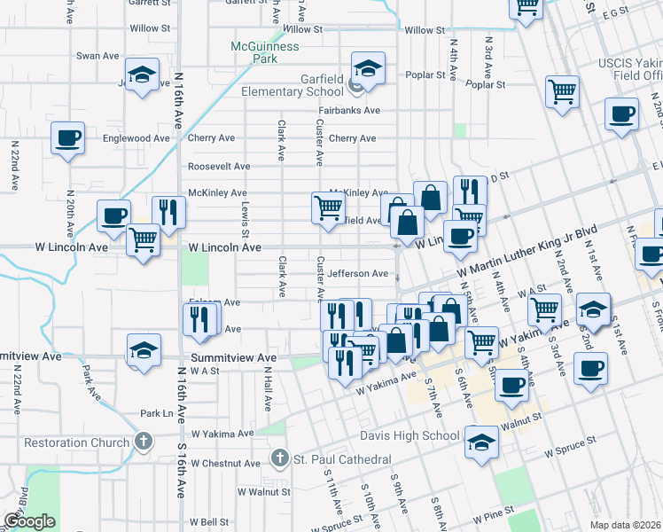 map of restaurants, bars, coffee shops, grocery stores, and more near 1301 West Lincoln Avenue in Yakima