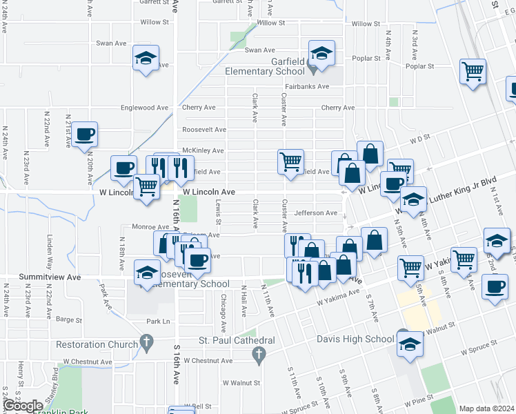 map of restaurants, bars, coffee shops, grocery stores, and more near 1317 West Lincoln Avenue in Yakima
