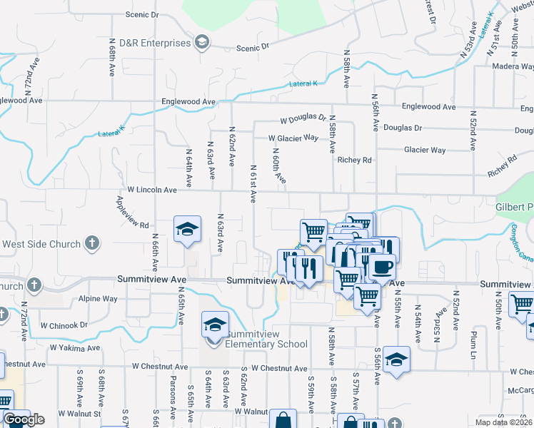 map of restaurants, bars, coffee shops, grocery stores, and more near 6008 West Lincoln Avenue in Yakima