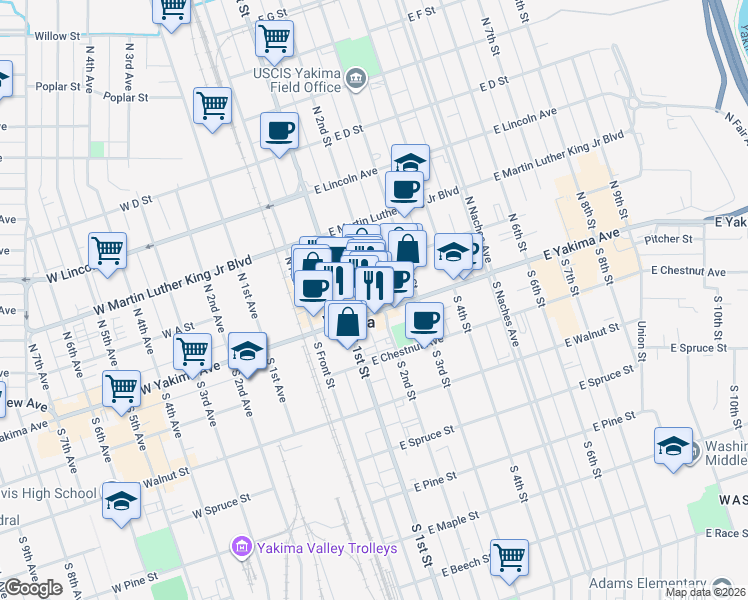 map of restaurants, bars, coffee shops, grocery stores, and more near 28 North 2nd Street in Yakima