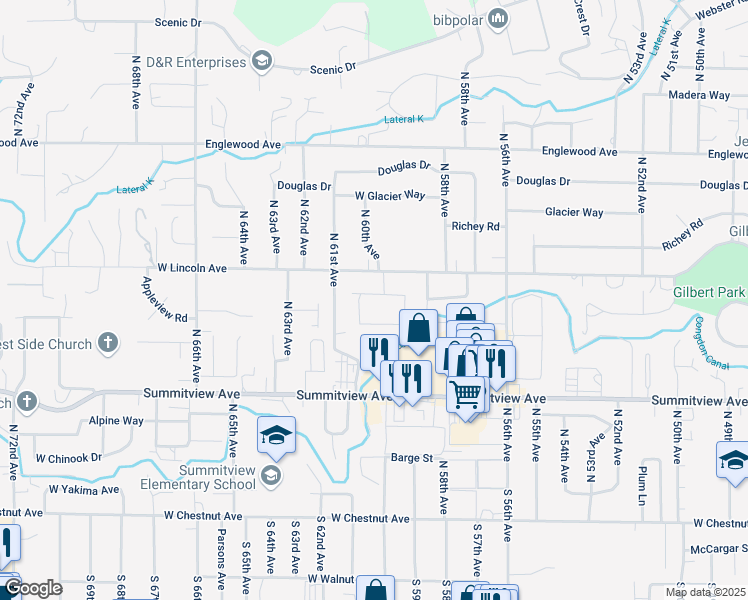 map of restaurants, bars, coffee shops, grocery stores, and more near 6008 West Lincoln Avenue in Yakima