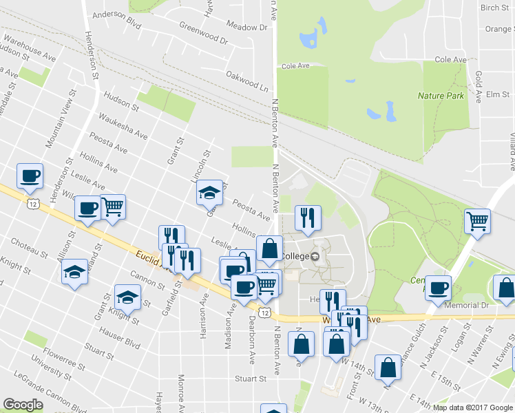 map of restaurants, bars, coffee shops, grocery stores, and more near 526 Peosta Avenue in Helena