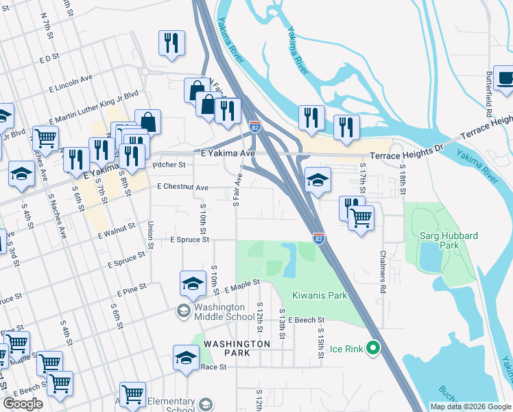 map of restaurants, bars, coffee shops, grocery stores, and more near 1104 East Chestnut Avenue in Yakima