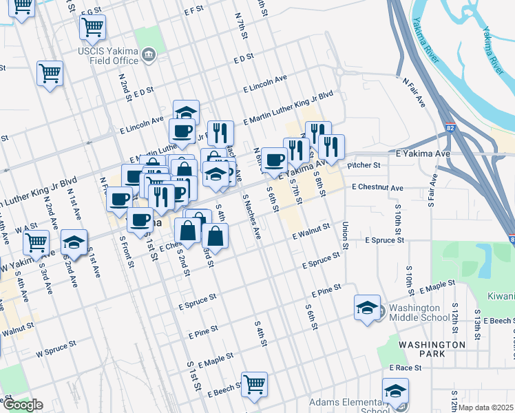 map of restaurants, bars, coffee shops, grocery stores, and more near 5 South Naches Avenue in Yakima