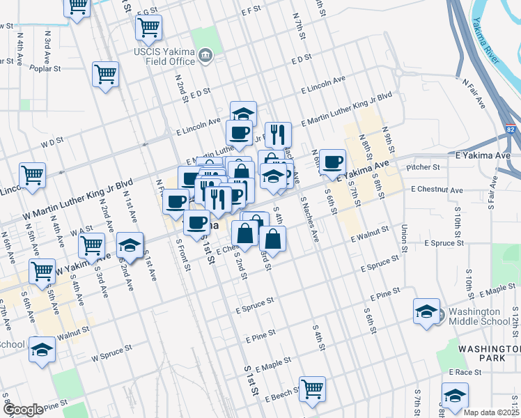 map of restaurants, bars, coffee shops, grocery stores, and more near 315 East Yakima Avenue in Yakima