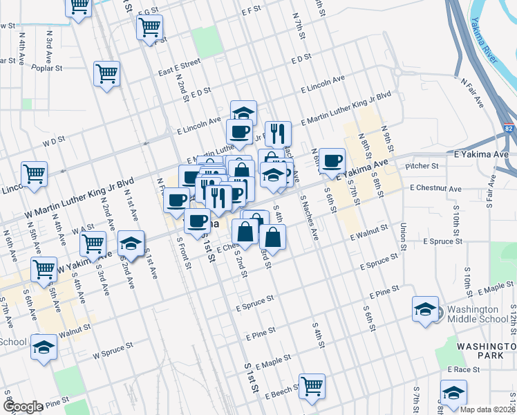 map of restaurants, bars, coffee shops, grocery stores, and more near 315 East Yakima Avenue in Yakima