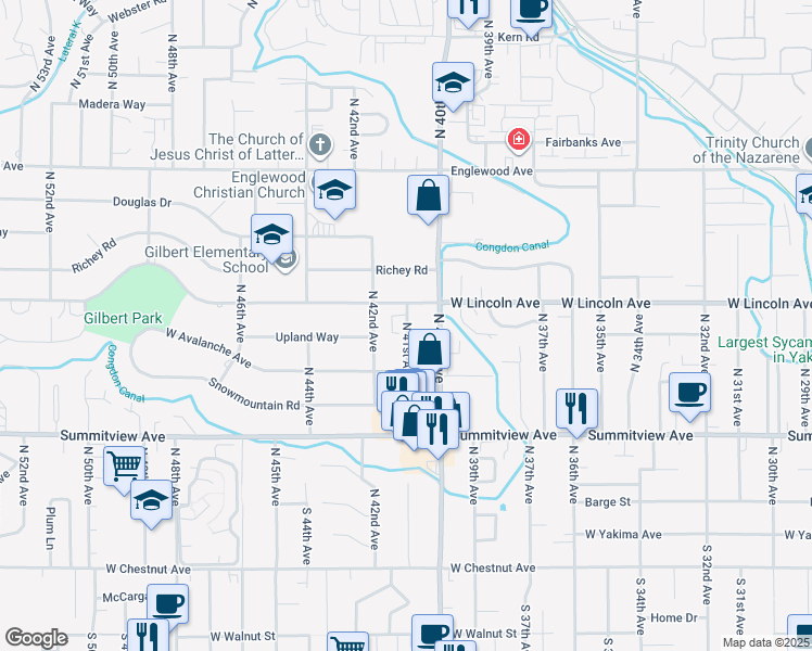 map of restaurants, bars, coffee shops, grocery stores, and more near 4112 West Lincoln Avenue in Yakima