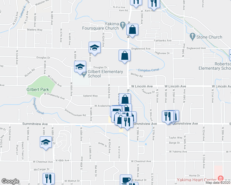 map of restaurants, bars, coffee shops, grocery stores, and more near 4112 West Lincoln Avenue in Yakima