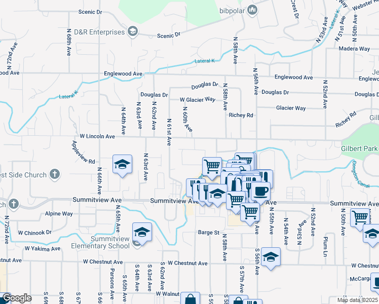 map of restaurants, bars, coffee shops, grocery stores, and more near 6008 West Lincoln Avenue in Yakima