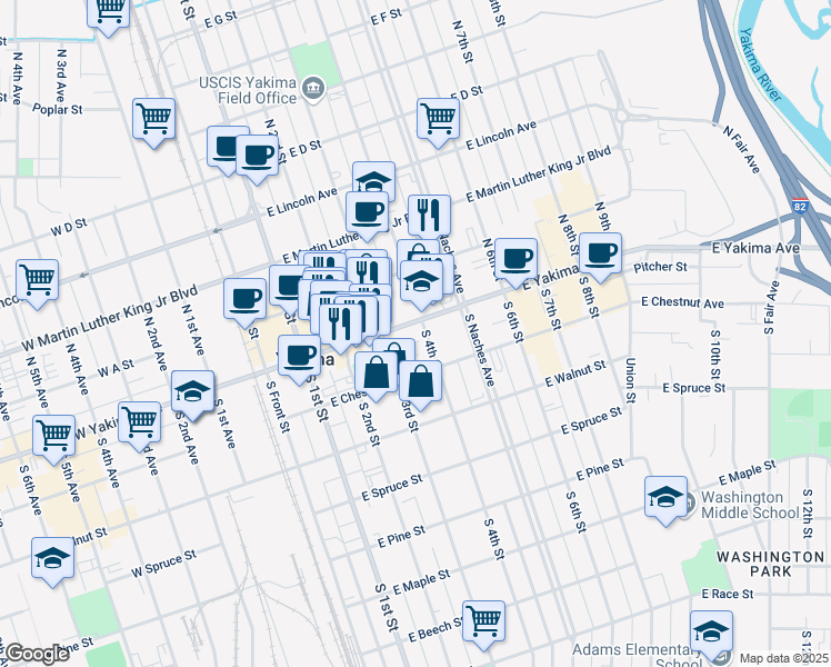 map of restaurants, bars, coffee shops, grocery stores, and more near 315 East Yakima Avenue in Yakima