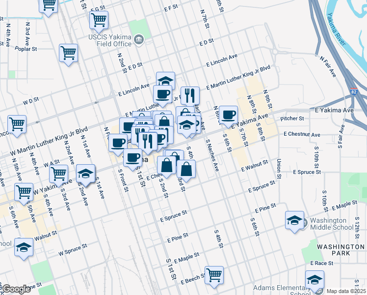 map of restaurants, bars, coffee shops, grocery stores, and more near 315 East Yakima Avenue in Yakima