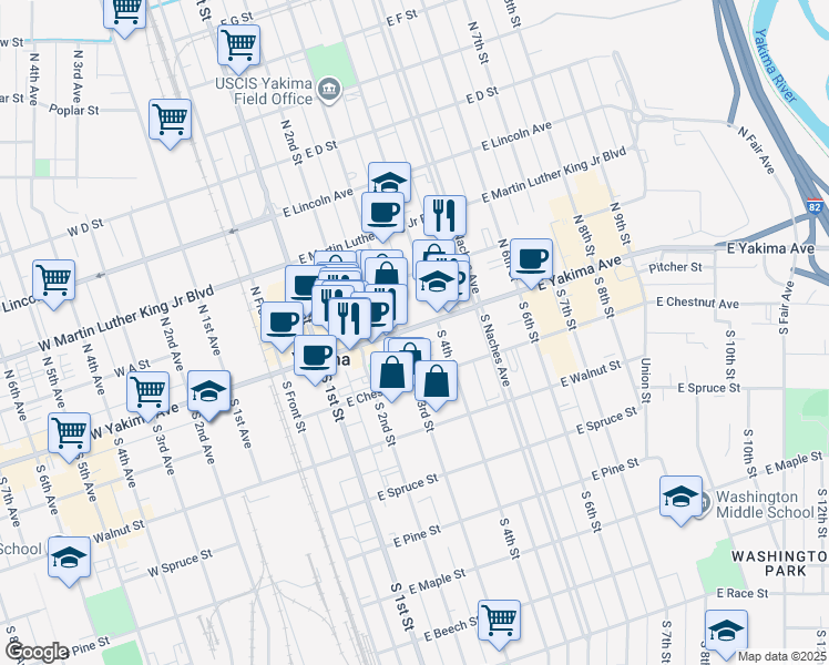 map of restaurants, bars, coffee shops, grocery stores, and more near 315 East Yakima Avenue in Yakima