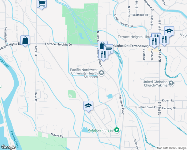 map of restaurants, bars, coffee shops, grocery stores, and more near 200 University Parkway in Yakima