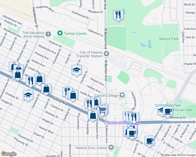 map of restaurants, bars, coffee shops, grocery stores, and more near 538 Peosta Avenue in Helena