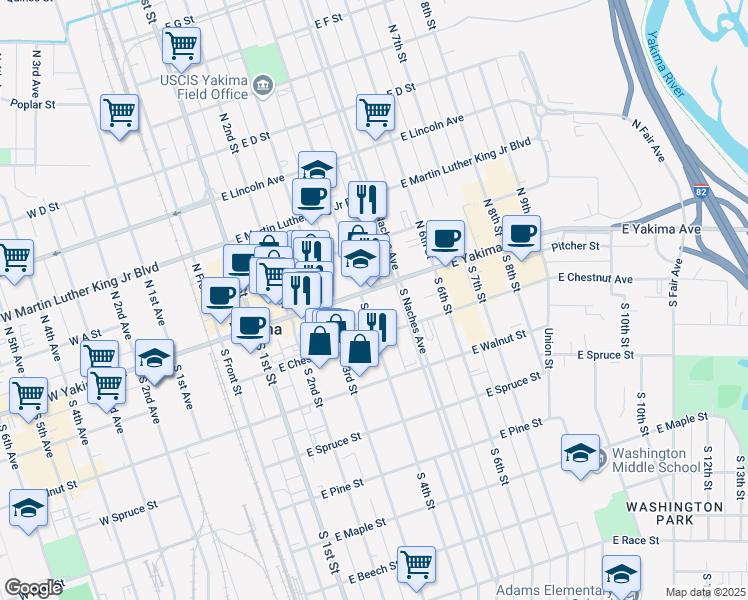map of restaurants, bars, coffee shops, grocery stores, and more near 401 East Yakima Avenue in Yakima