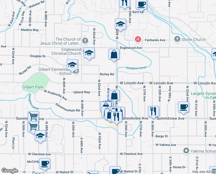 map of restaurants, bars, coffee shops, grocery stores, and more near 4112 West Lincoln Avenue in Yakima
