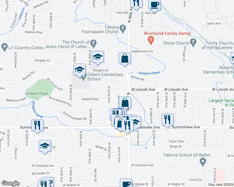 map of restaurants, bars, coffee shops, grocery stores, and more near 322 North 41st Avenue in Yakima
