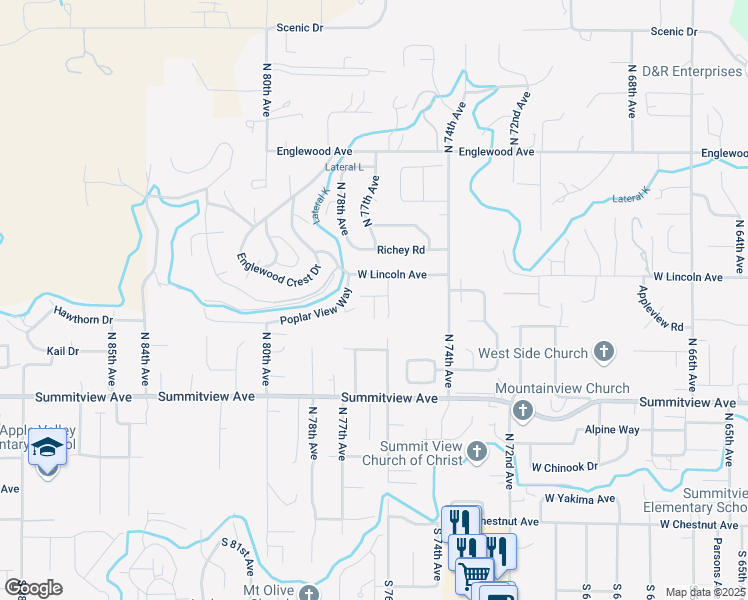 map of restaurants, bars, coffee shops, grocery stores, and more near 76th Avenue in Yakima