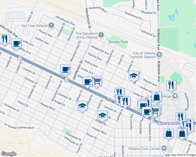 map of restaurants, bars, coffee shops, grocery stores, and more near 1212 Leslie Ave in Helena