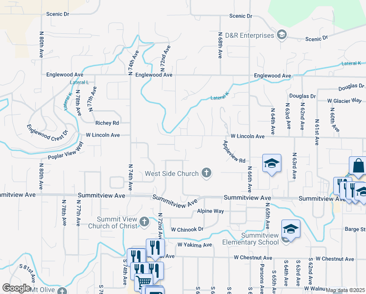 map of restaurants, bars, coffee shops, grocery stores, and more near 300-398 N 71st Ave in Yakima