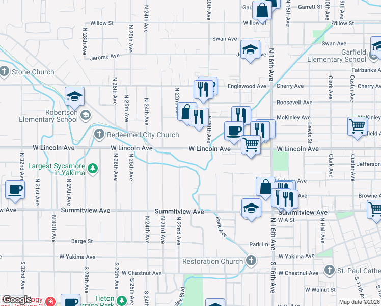 map of restaurants, bars, coffee shops, grocery stores, and more near 2117 West Lincoln Avenue in Yakima