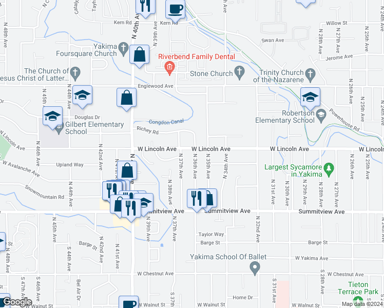 map of restaurants, bars, coffee shops, grocery stores, and more near 322 North 36th Avenue in Yakima