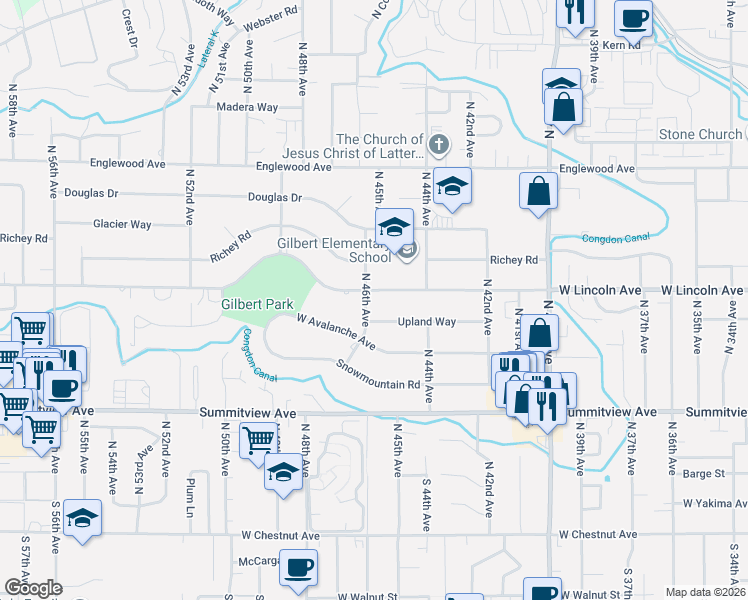 map of restaurants, bars, coffee shops, grocery stores, and more near 4601 West Lincoln Avenue in Yakima