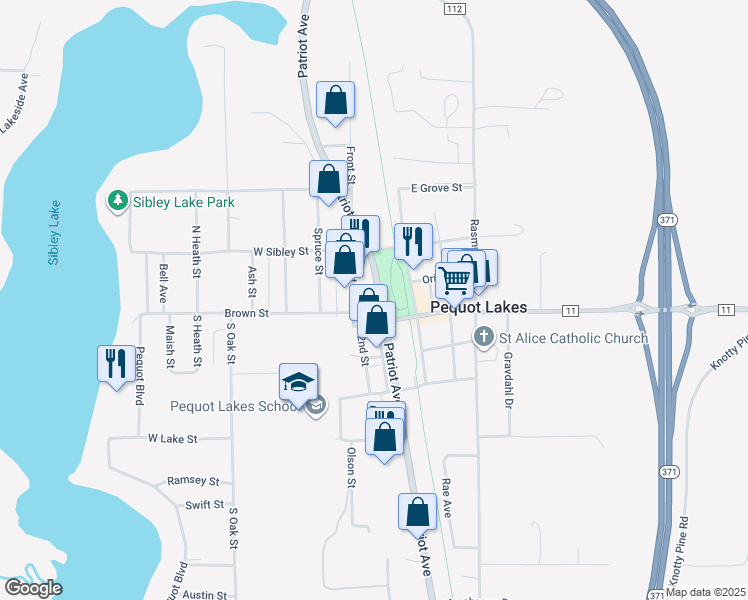 map of restaurants, bars, coffee shops, grocery stores, and more near Tower Square in Pequot Lakes