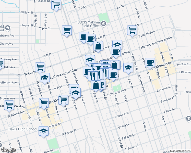 map of restaurants, bars, coffee shops, grocery stores, and more near 28 North 1st Street in Yakima