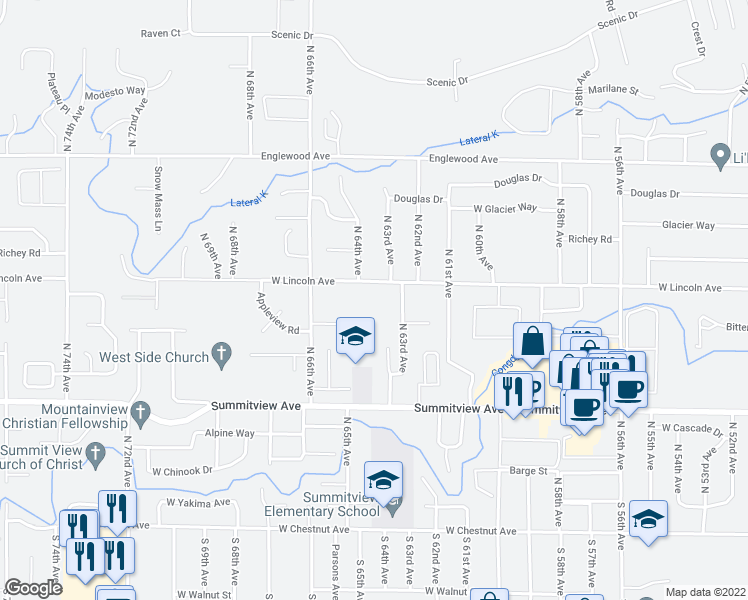 map of restaurants, bars, coffee shops, grocery stores, and more near 6332 West Lincoln Avenue in Yakima
