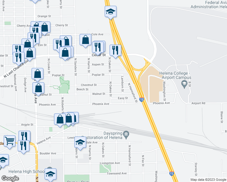 map of restaurants, bars, coffee shops, grocery stores, and more near 1706 Walnut Street in Helena