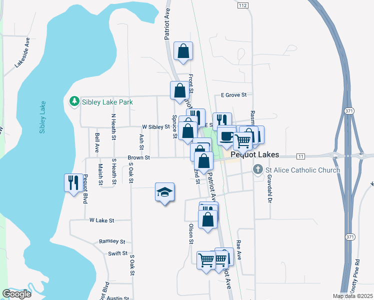 map of restaurants, bars, coffee shops, grocery stores, and more near 31055 Front Street in Pequot Lakes