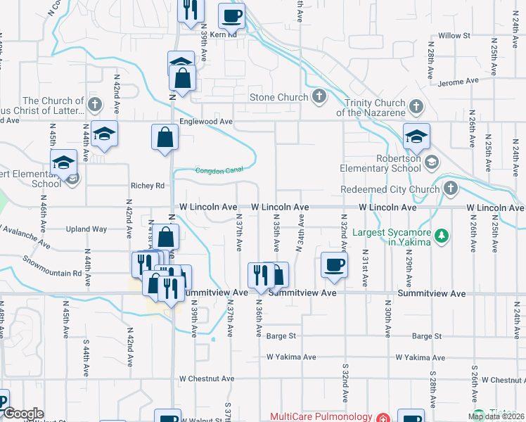 map of restaurants, bars, coffee shops, grocery stores, and more near 323 North 36th Avenue in Yakima
